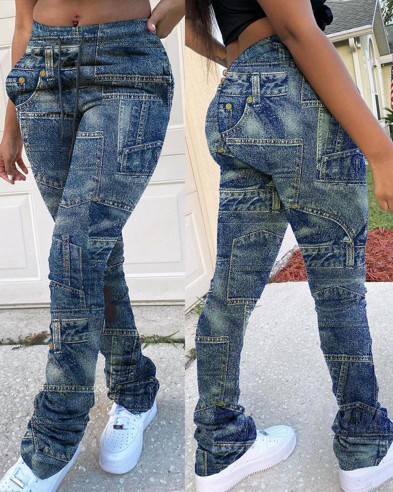 

Plus Size Denim Look Print Skinny Pants, Blue