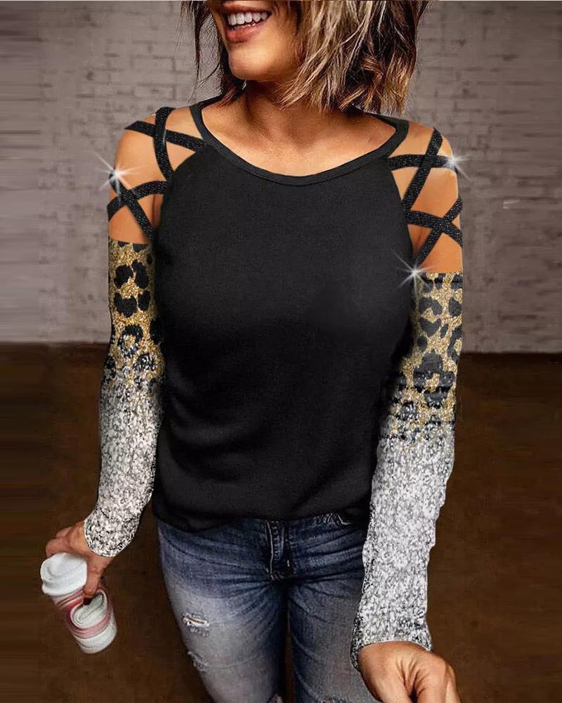 

Glitter Leopard Print Cold Shoulder Top, Black