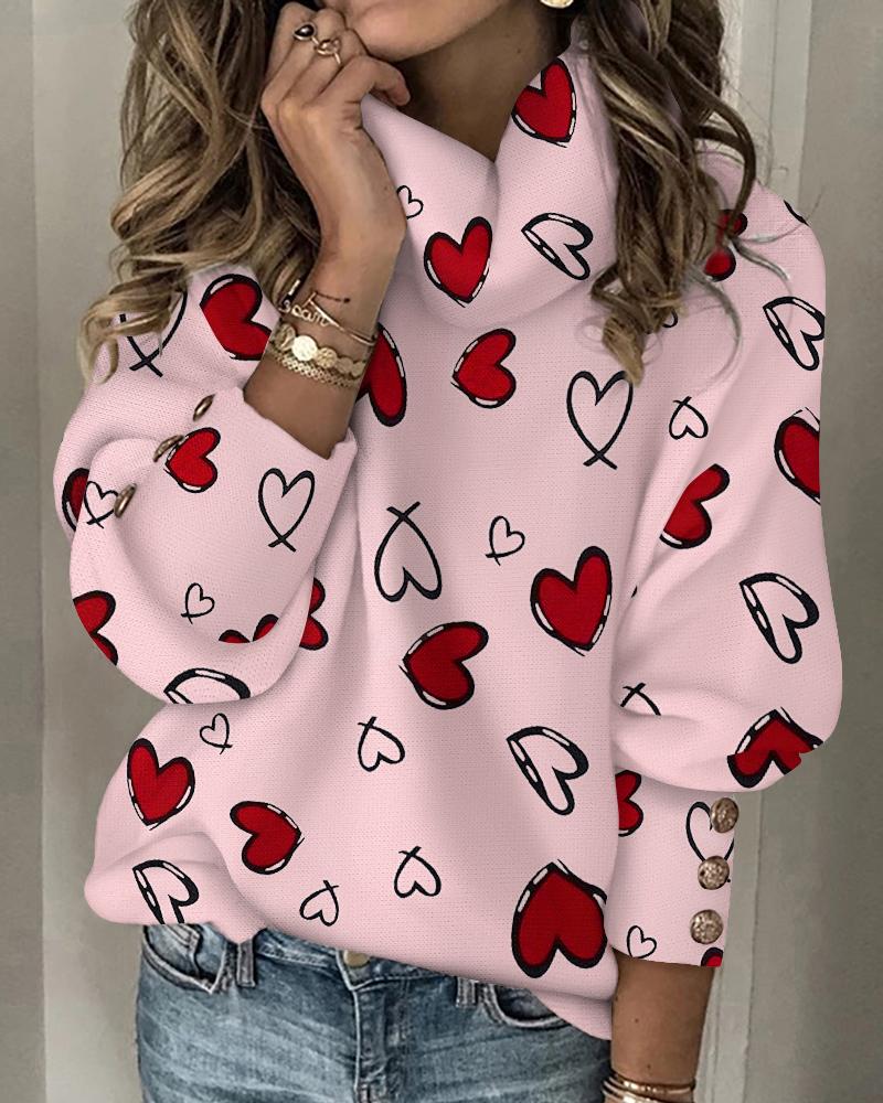 

Heart Print Lantern Sleeve Top, Pink