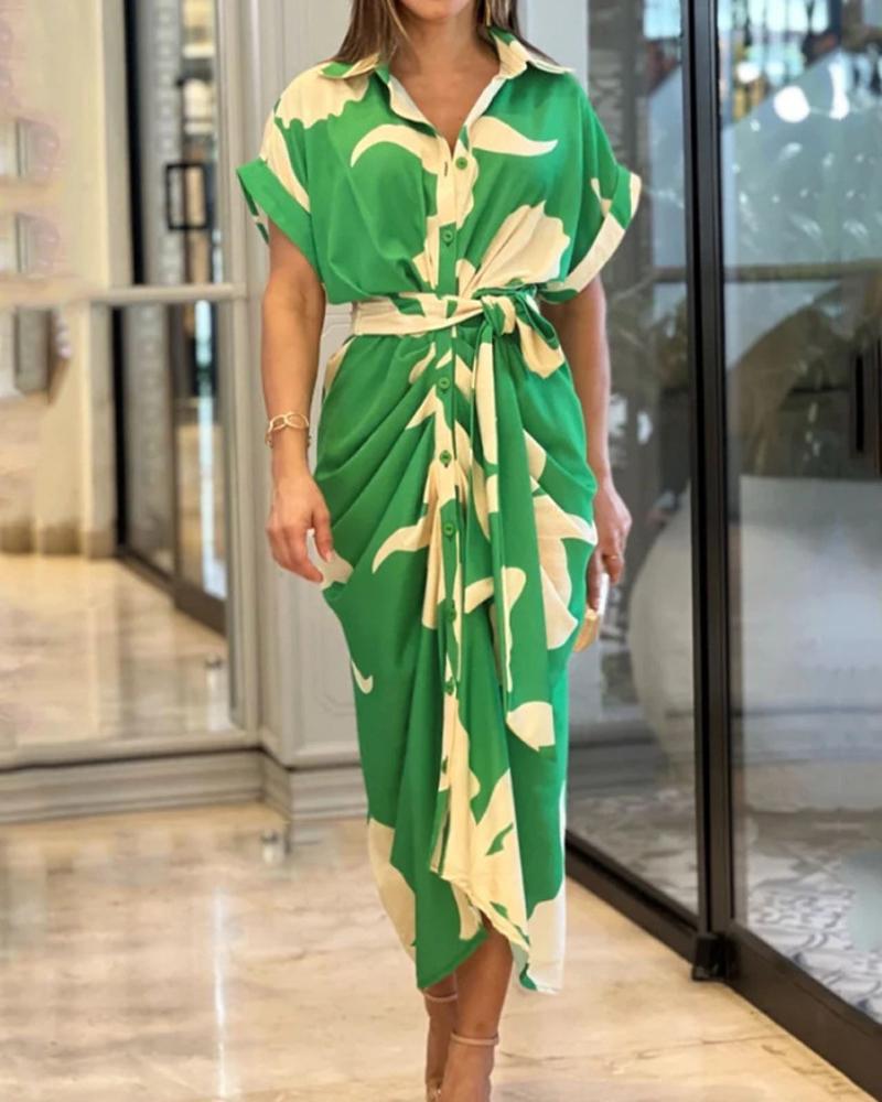 

Plants Print Button Down Ruched Shirt Dress, Green