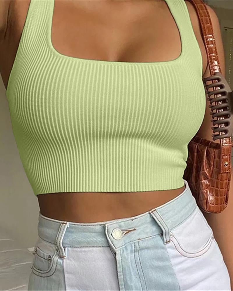 

Thick Strap Square Neck Knit Crop Top, Green