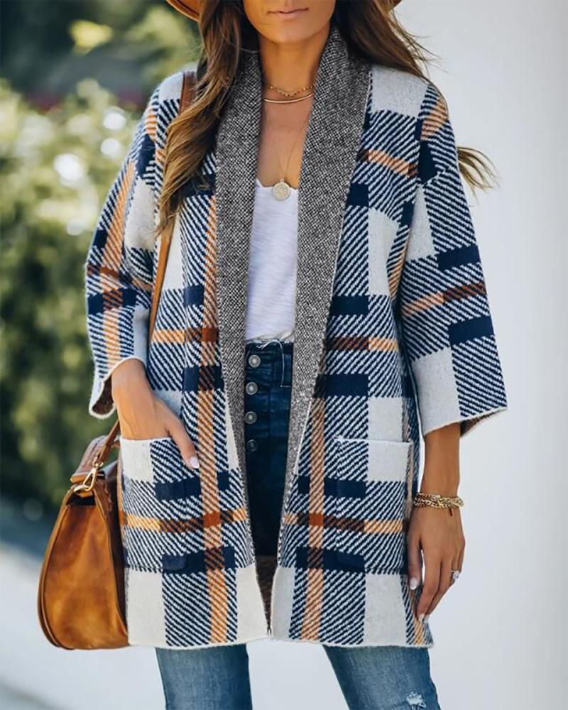 

Pocket Design Long Sleeve Plaid Cardigan, Gray