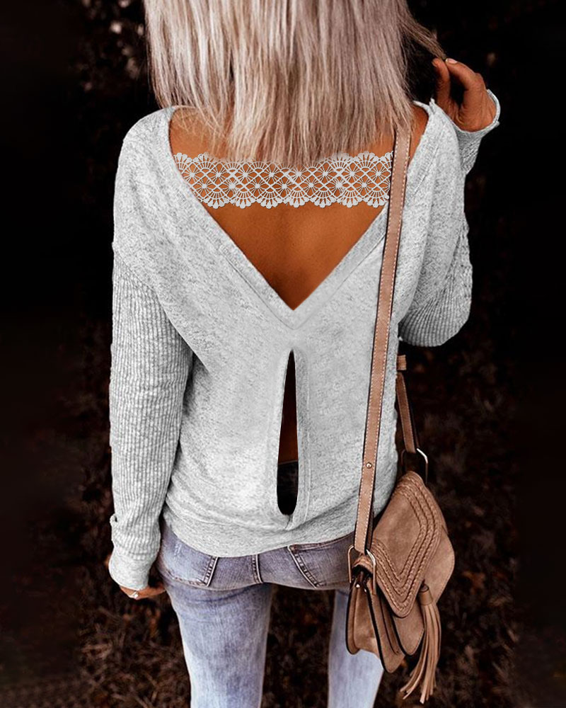 

Contrast Lace Backless Long Sleeve Top, Light gray