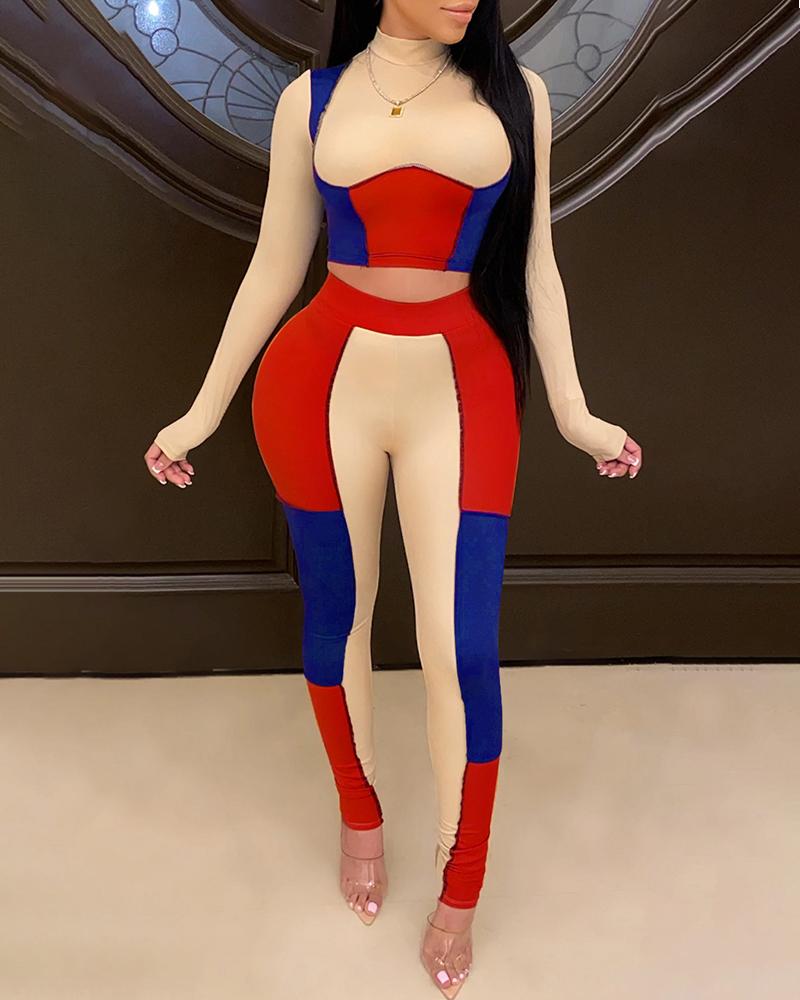 

Colorblock Long Sleeve Top & High Waist Pants Set, Apricot