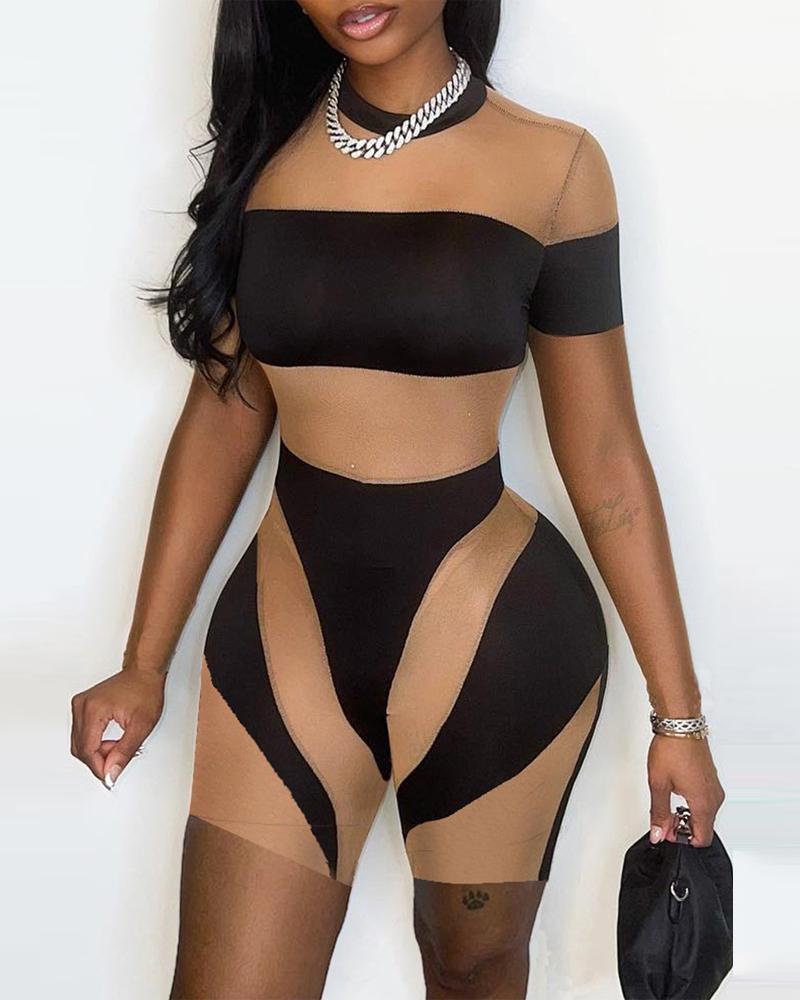 

Contrast Mesh Short Sleeve Romper, Black