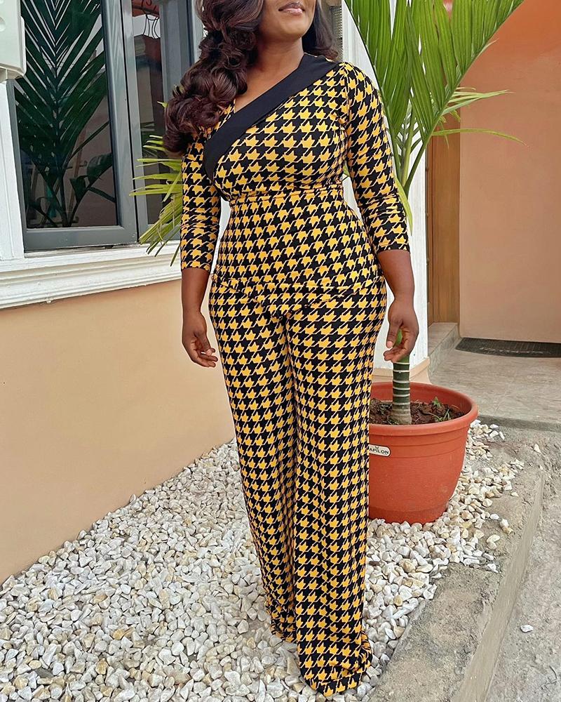 

Asymmetrical Houndstooth Print Skinny Jumpsuit, Dark yellow