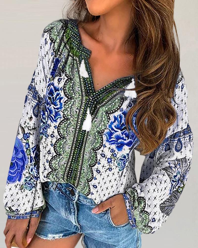 

Ethnic Print V-neck Long Sleeve Blouse, Blue