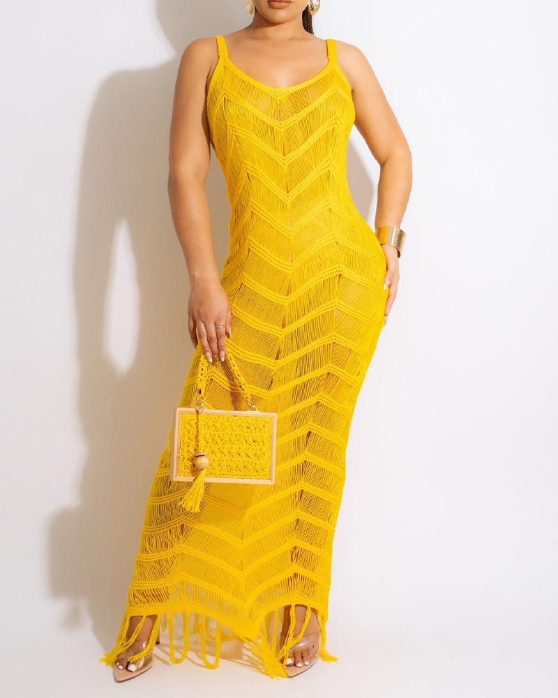 

Tassel Design Crochet Cover Up Beach Dress, Yellow