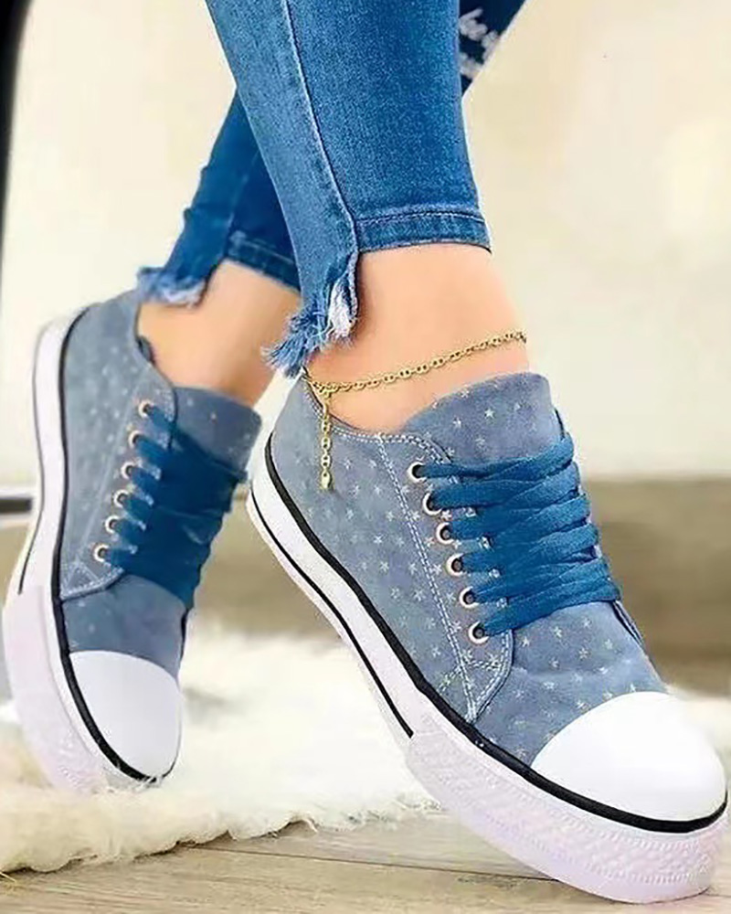 

Star Pattern Eyelet Lace-up Canvas Sneakers, Blue