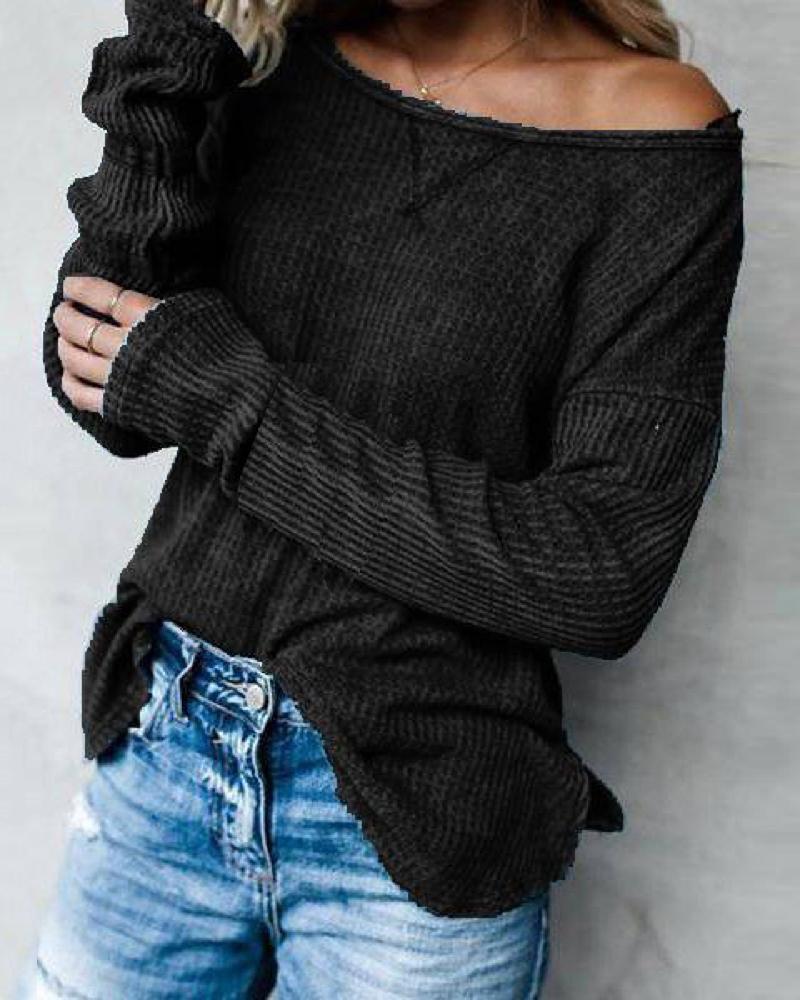 

Solid Off Shoulder Waffle Plaid Long Sleeve Blouse, Black