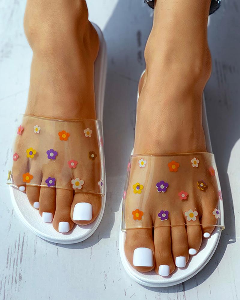 

Floral Pattern Transparent Strap Slippers, White
