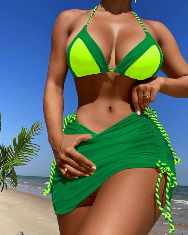 

3PCS Colorblock Tied Detail Bikini Set With Cover Up Skirt, Green