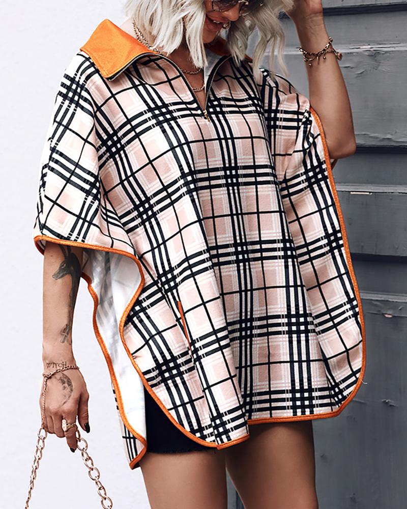 

Plaid Print Zip Front Cape Design Top, Style1