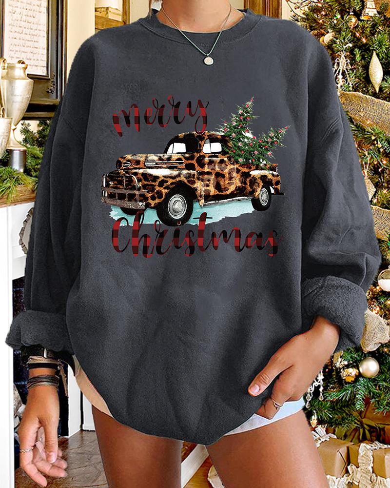 

Christmas Cheetah Car Tree Letter Print Long Sleeve Sweatshirt, Gray