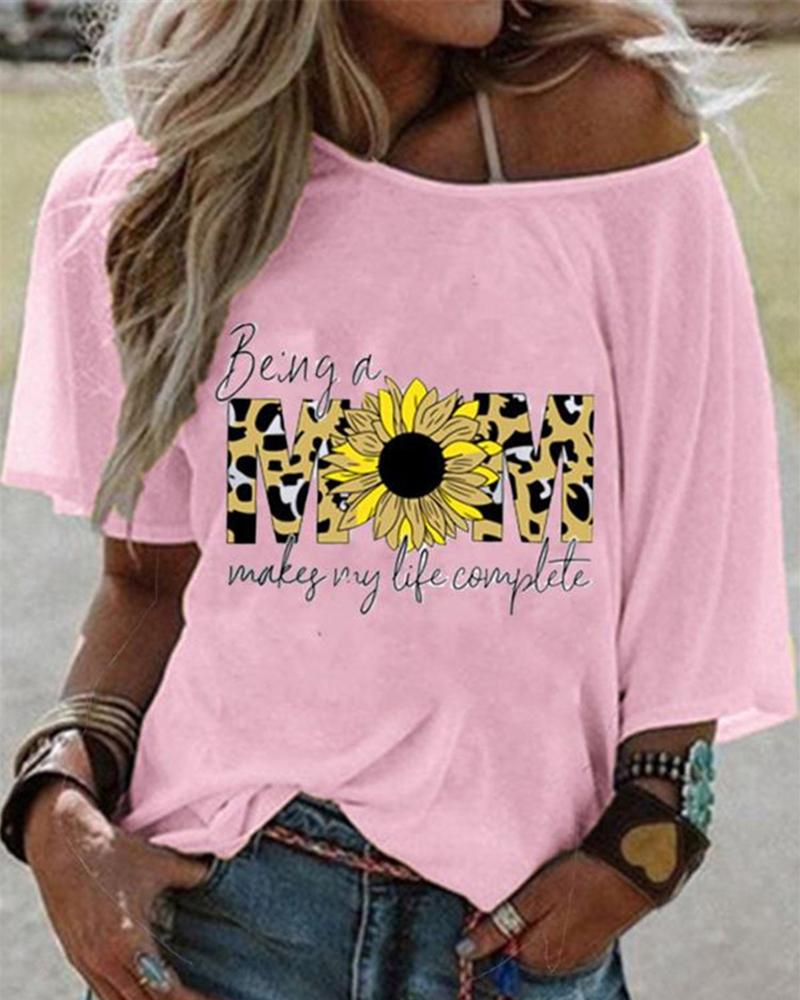 

Floral Letter Print Short Sleeve Casual T-shirt, Pink