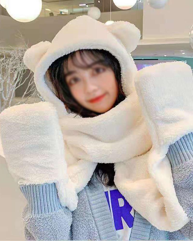

1pc Fluffy Hat Long Scarf With Glove Pocket 3-in-1 Warm Hooded Scarf, White