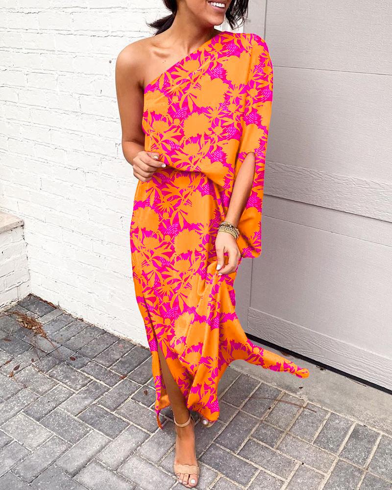 

Plants Print One Shoulder Split Hem Maxi Dress, Hot pink