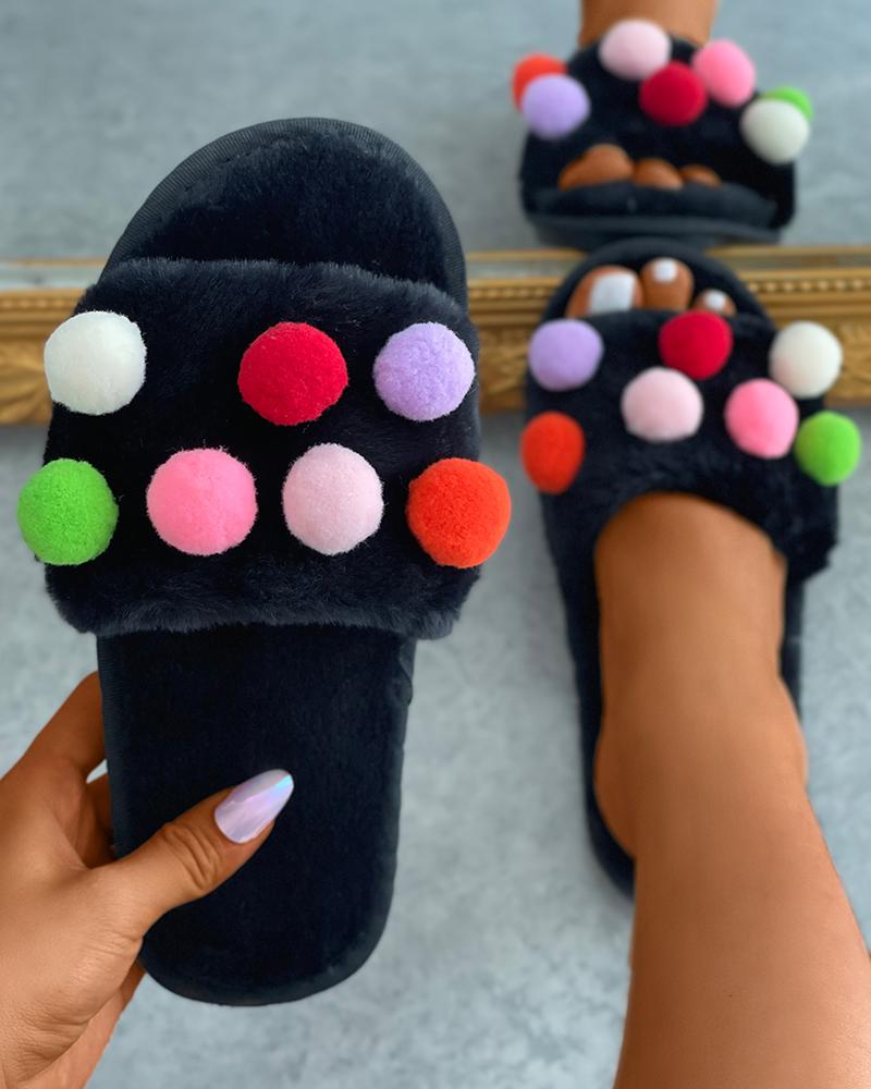 

Colorful Pom Pom Decor Fluffy Slippers, Black