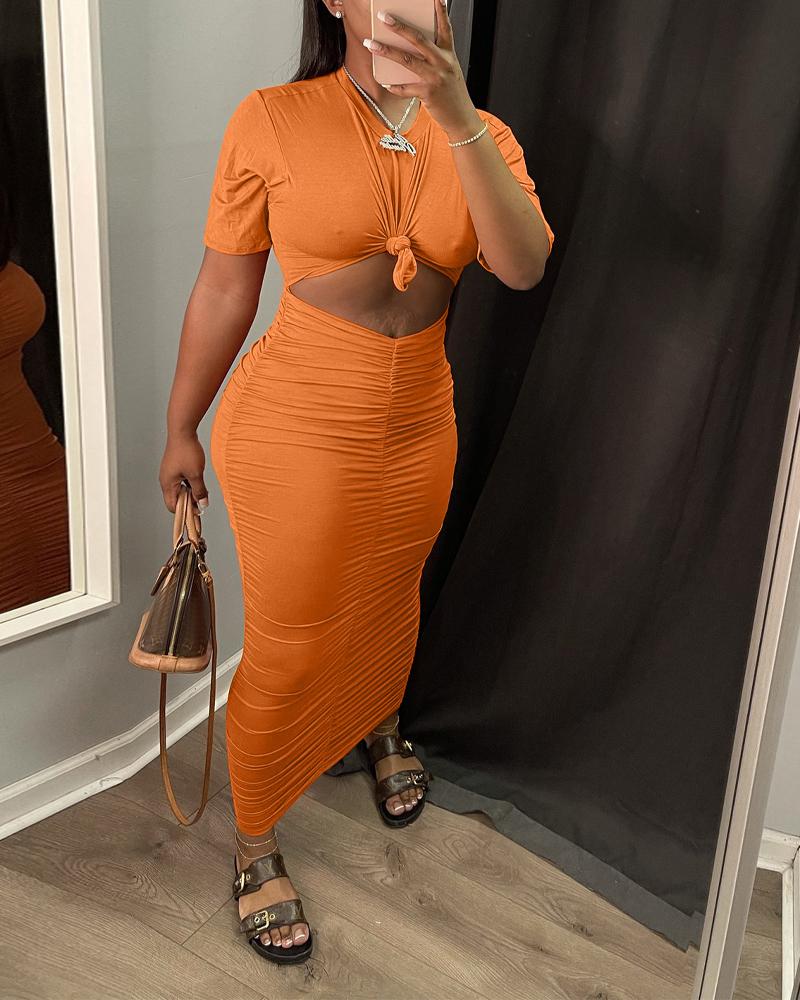 

Short Sleeve Cutout Front Ruched Casual Dress, Orange