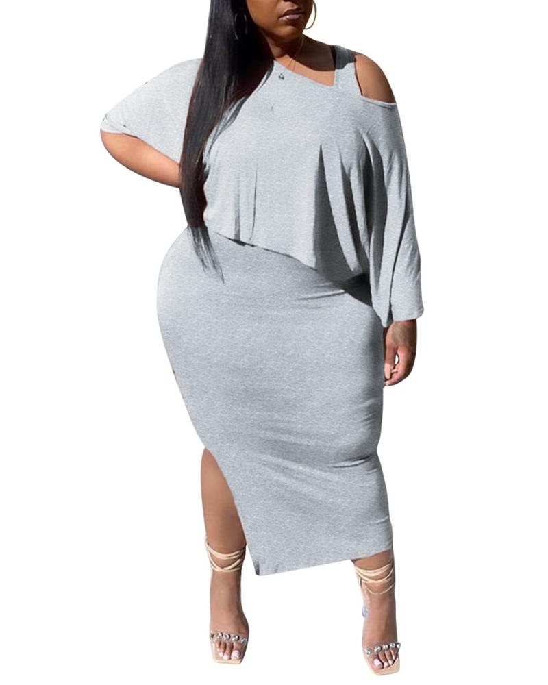 

Slash Neck Plain Shawl Top & Tank Slit Long Skirt 2-piece Set, Gray
