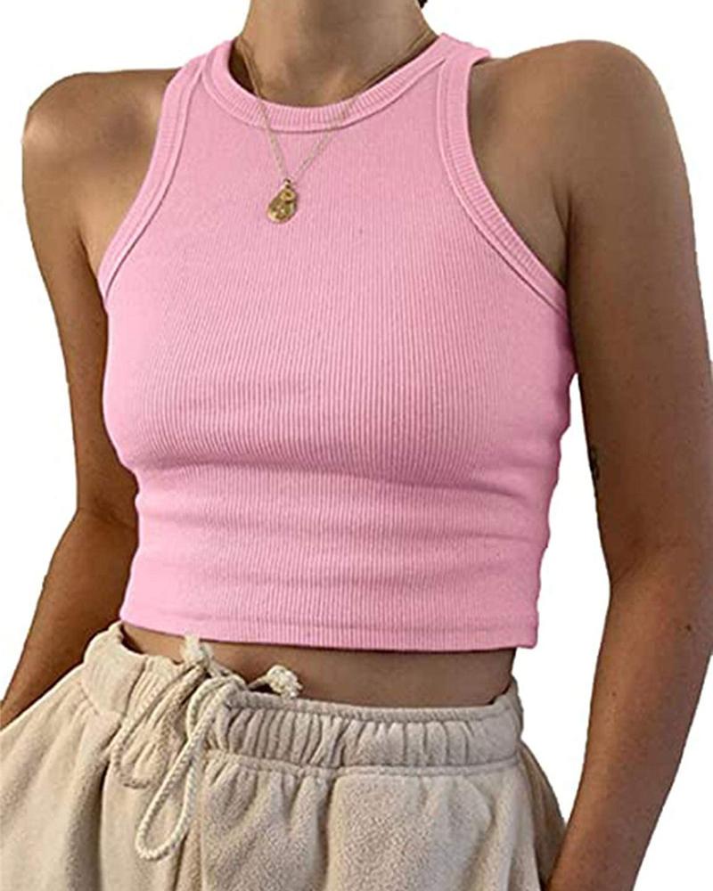 

Crew Neck Crop Basics Tank Top, Pink