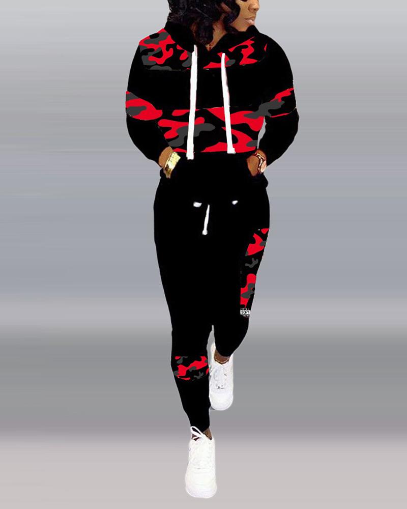 

Camouflage Print Long Sleeve Top & Pants Set, Red