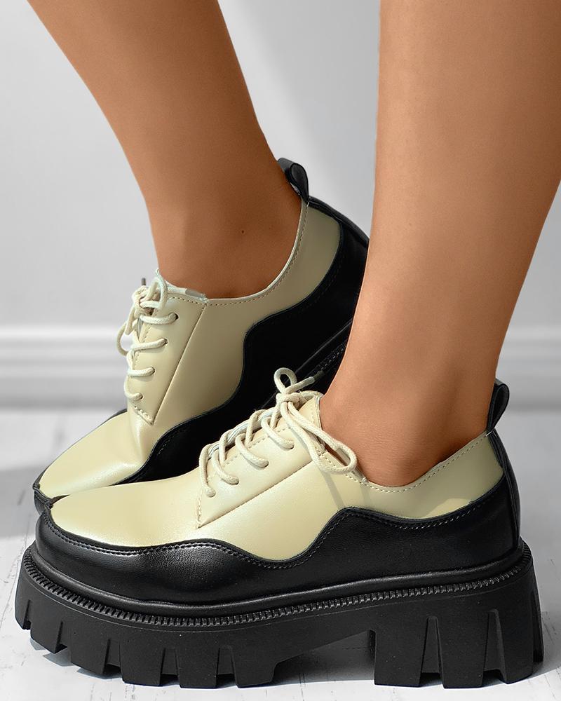 

Lace-up Colorblock Slip On Flatform Shoes, Black