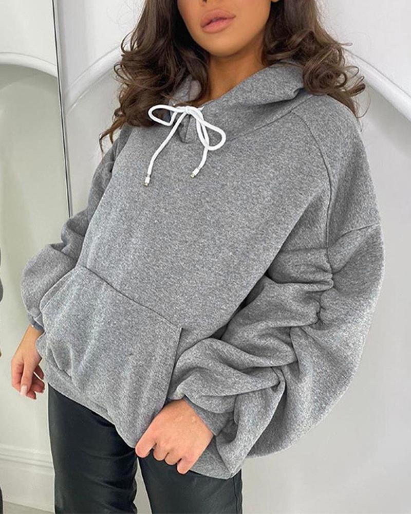 

Pocket Detail Stacked Long Sleeve Drawstring Hooded Sweatshirt, Gray