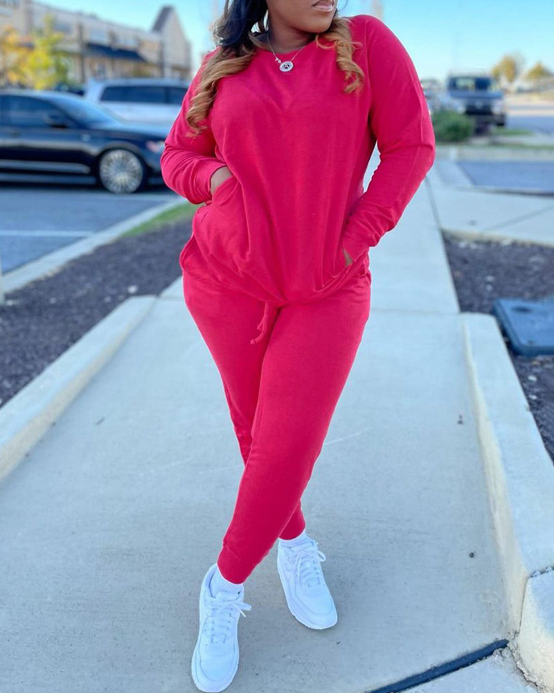 

Round Neck Long Sleeve Top & Pocket Design Pants Set, Pink