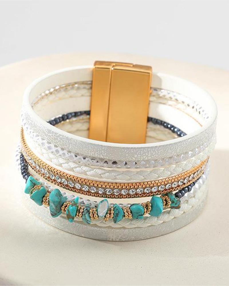 

1pc Bohemian Turquoise Beaded Wide Magnet Bracelet, White