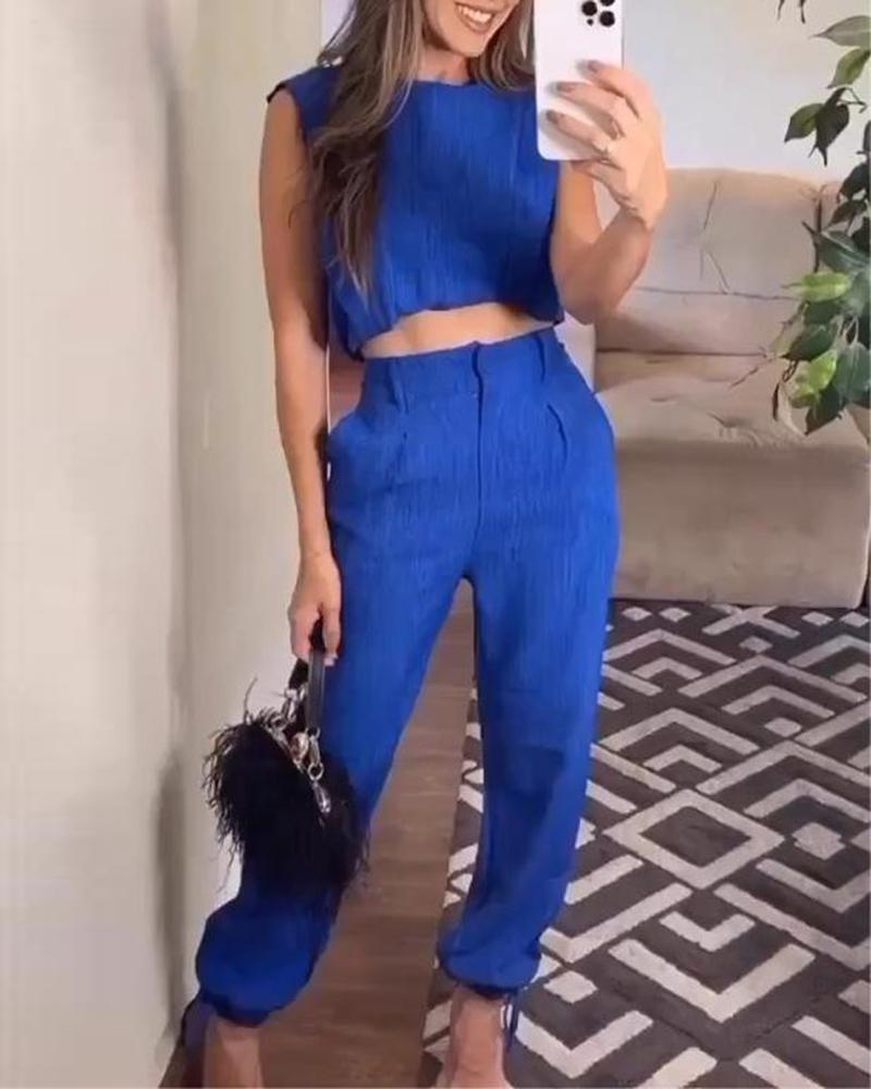 

Sleeveless Tank Top & Cuffed Pants Set, Blue