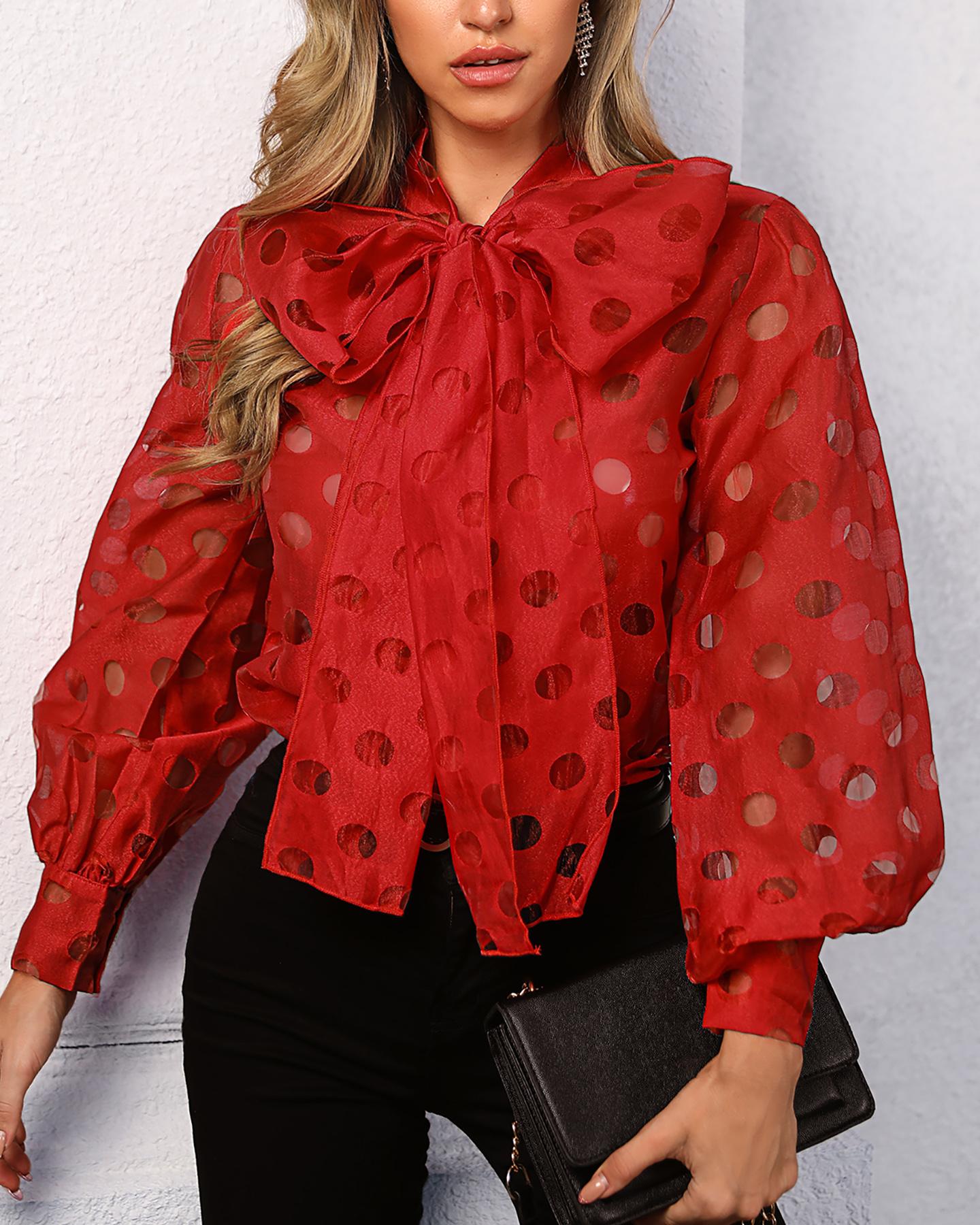 

Dot Hollow Out Lantern Sleeve Knotted Blouse, Red