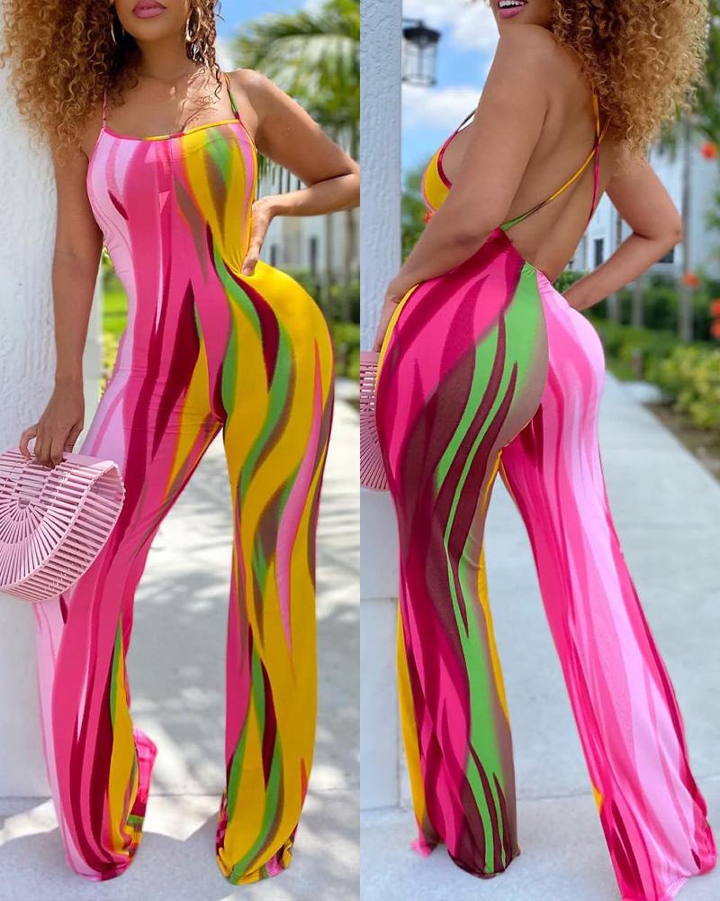 

Allover Print Crisscross Backless Jumpsuit, Multicolor