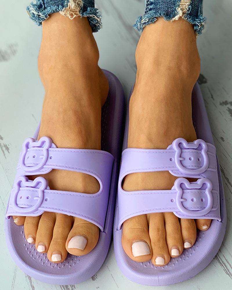 

Bear Pattern Buckled Flat Slippers, Purple
