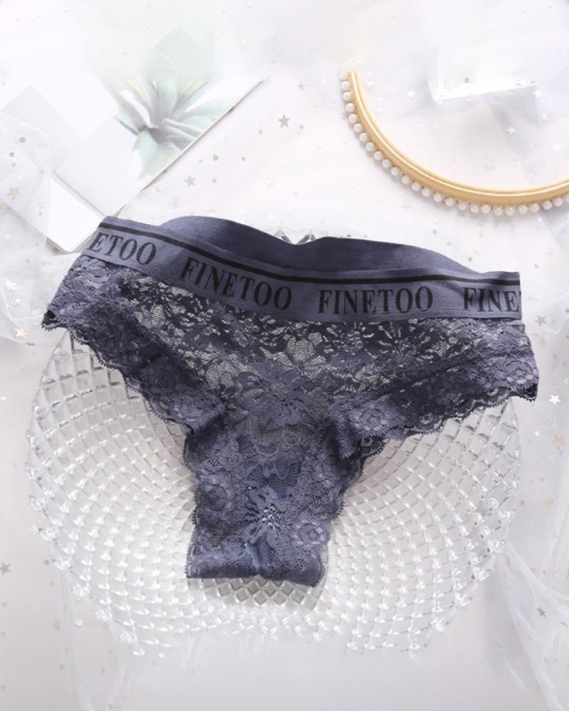 

Letter Print Breathable Floral Lace Panty, Purple