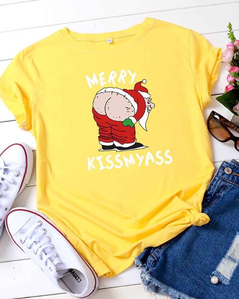 

Christmas Graphic Letter Print T-Shirt, Yellow