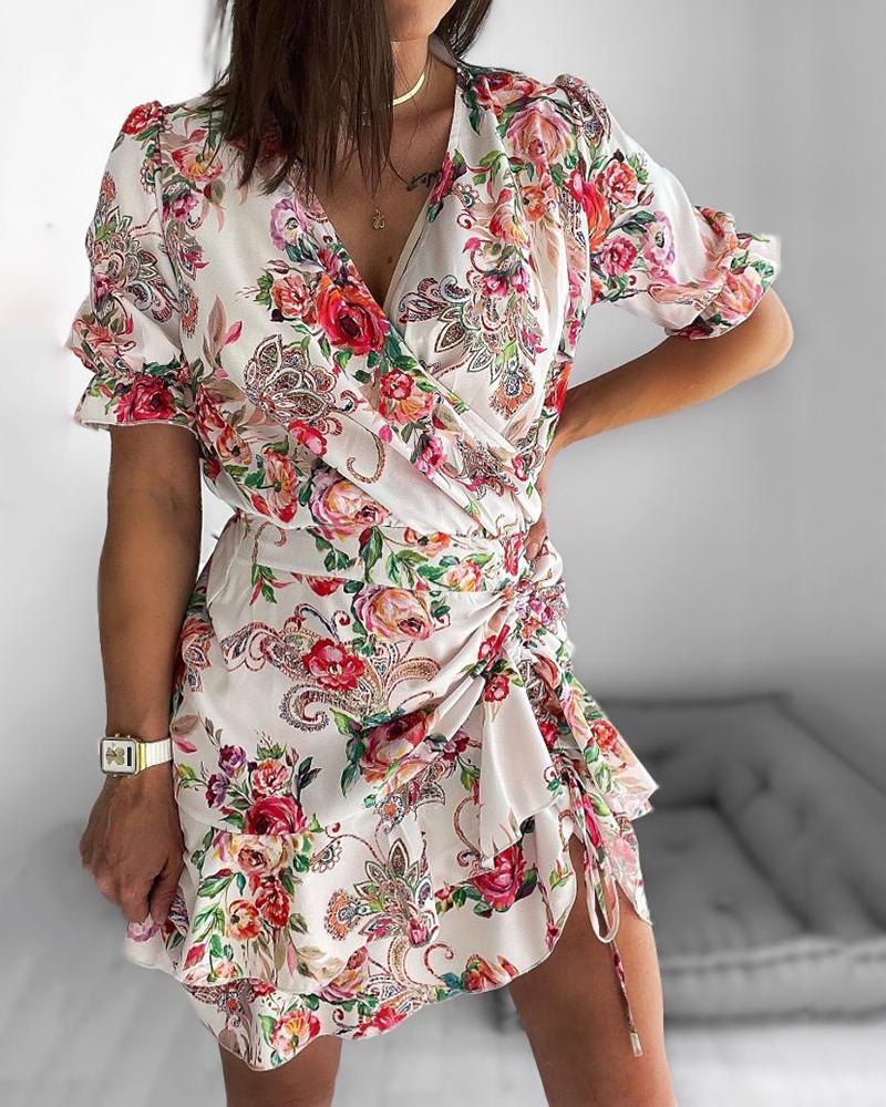 

Floral Print Ruffle Hem Drawstring Puff Sleeve Dress, White