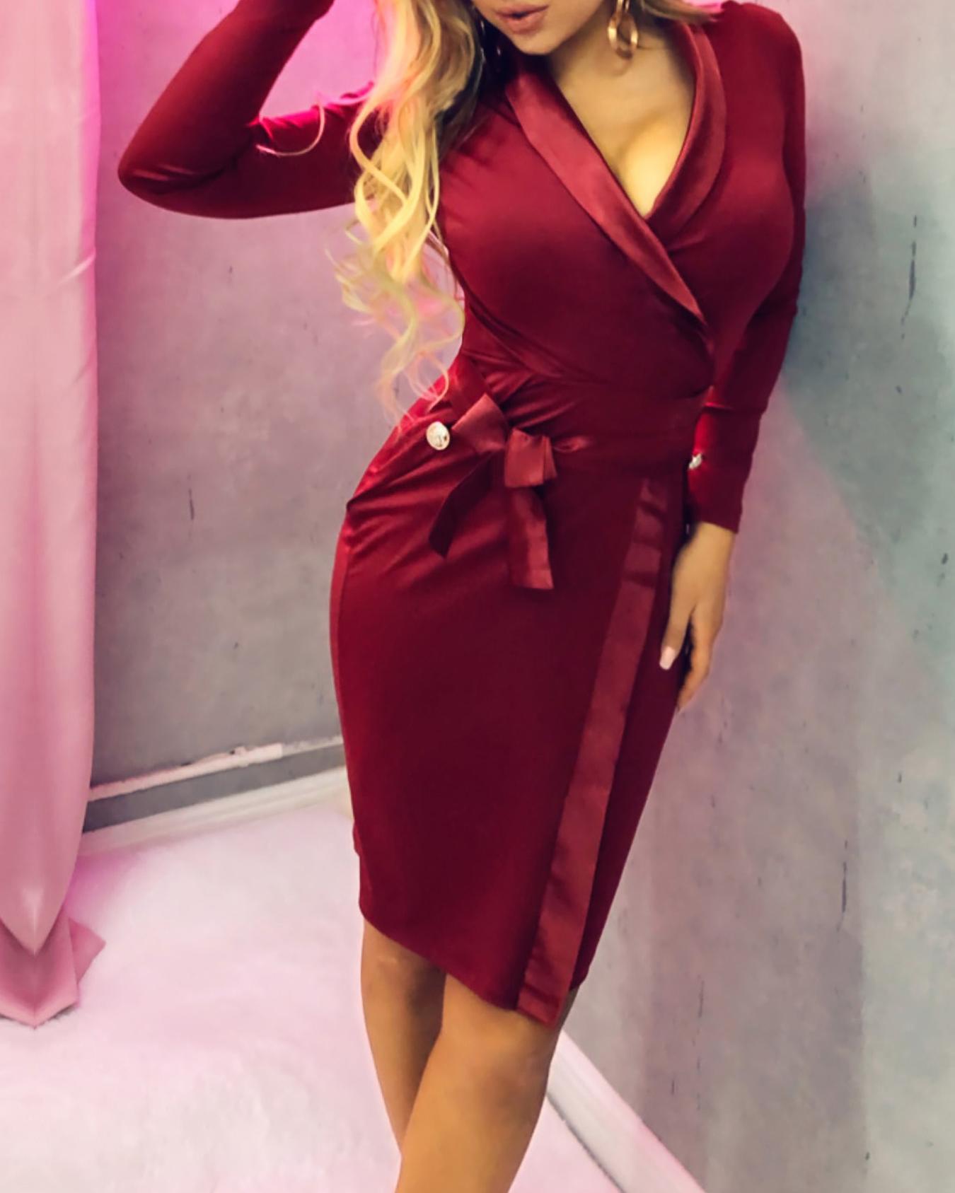 

Tied Detail Long Sleeve Midi Dress, Dark red