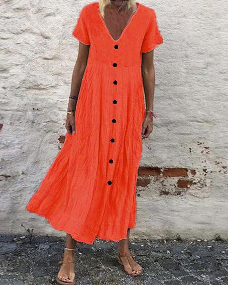 

Button Front V-Neck Casual Dress, Orange