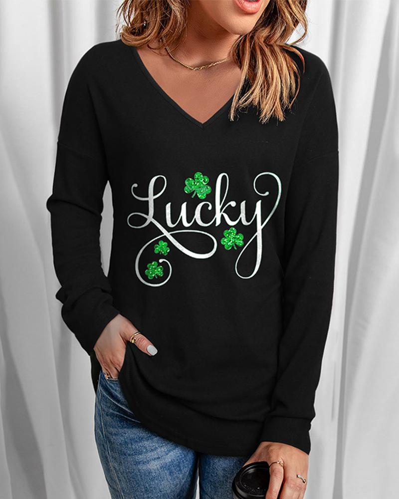 

St. Patrick' Day Clover Print Long Sleeve V-Neck Casual Top, Style3