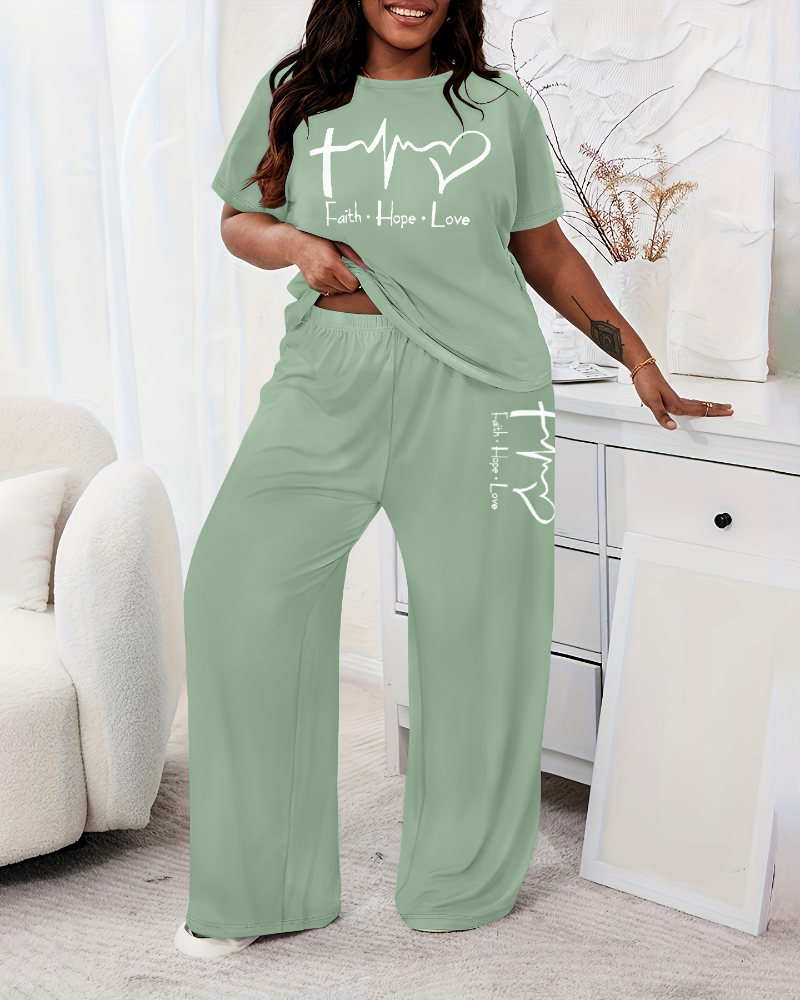 

Conjunto de 2 peças com estampa de letras, blusa casual de manga curta e calças largas, conjunto de lounge, Light green