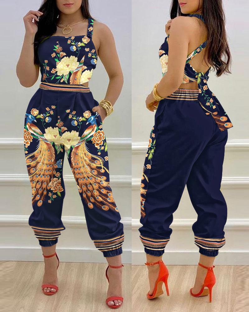 

Peacock Floral Print Crisscross Backless Jumpsuit, Dark blue
