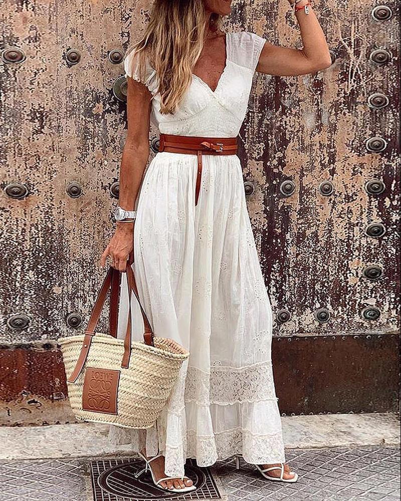 

Eyelet Embroidery Contrast Lace Maxi Dress, White