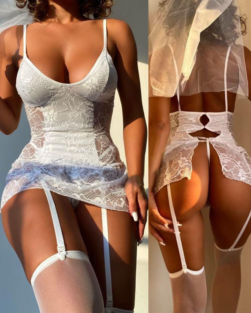 

Spaghetti Strap Lace Garter Lingerie Set, White