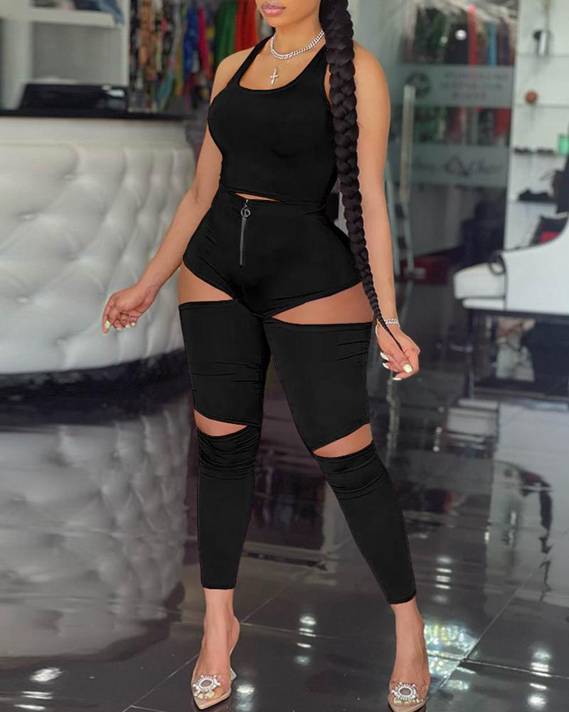 

Crop Tank Top & Zip Fly Cutout Skinny Pants Set, Black