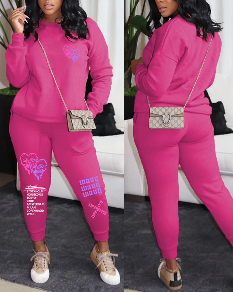 

Letter Heart Print Long Sleeve Casual Top & Pants Set, Hot pink