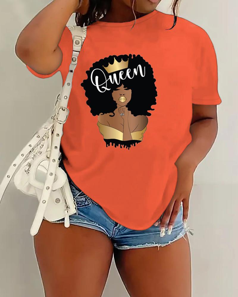 

Figure Queen Lerrer Print Crew Neck Casual T-shirt, Orange