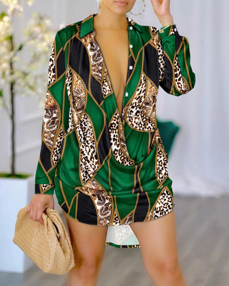 

Baroque Leopard Print Ruched Shirt Dress, Green