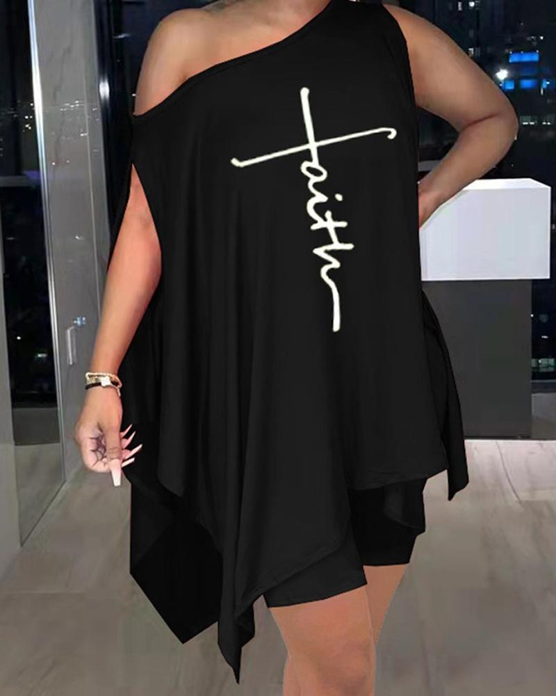

Slash Neck Letter Print Asymmetrical Top & Shorts Set, Black