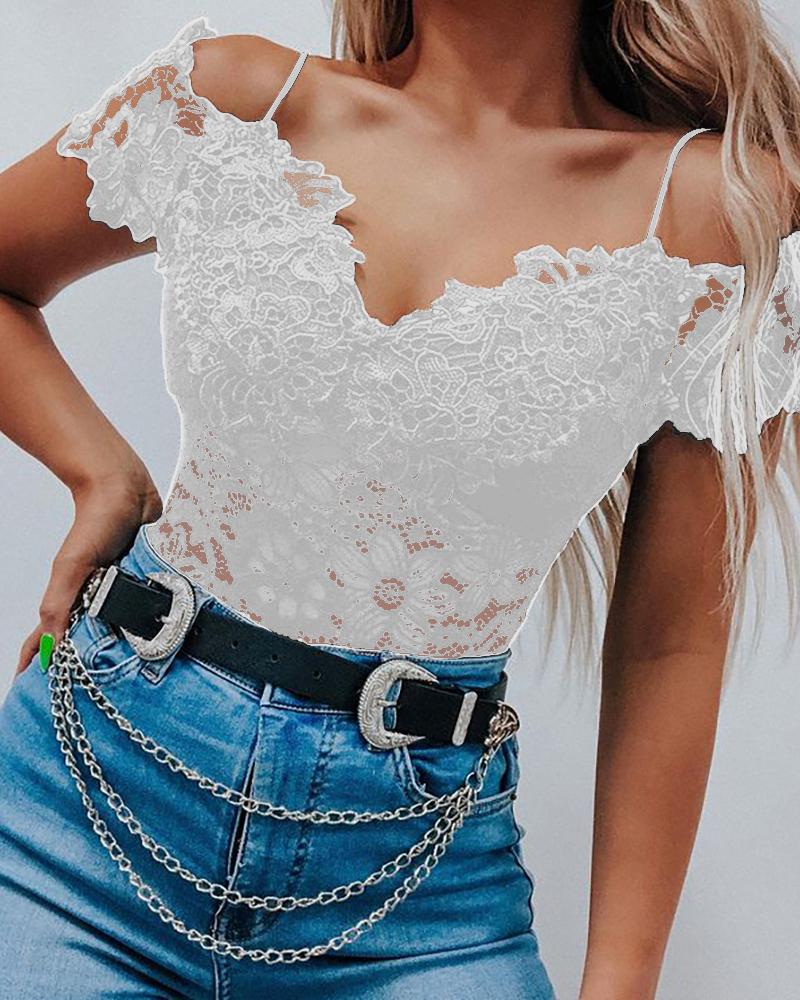 

Crochet Lace Cold Shoulder Skinny Top, White